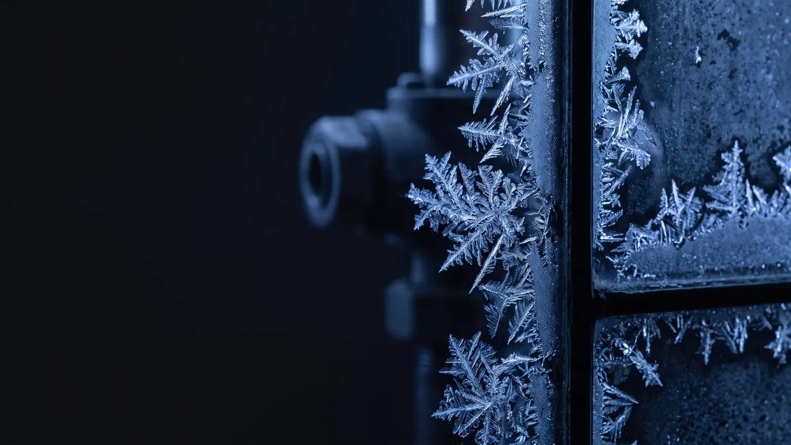 Frost crystals spreading across dark glass, backlit in blue.