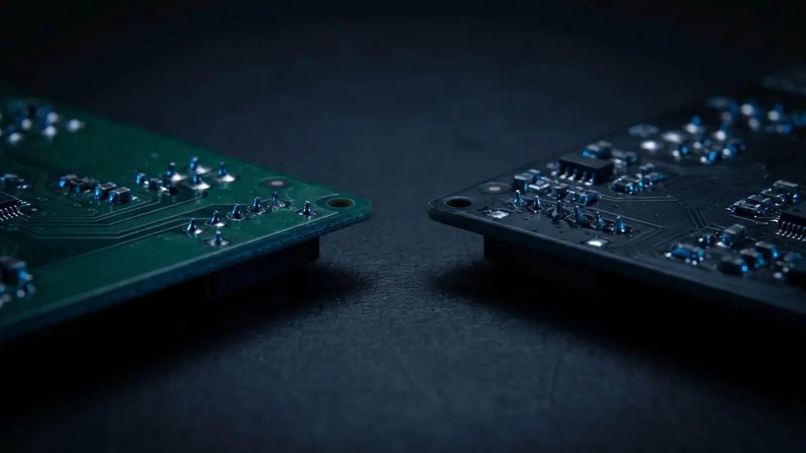 Two circuit board edges side by side on a dark workbench.