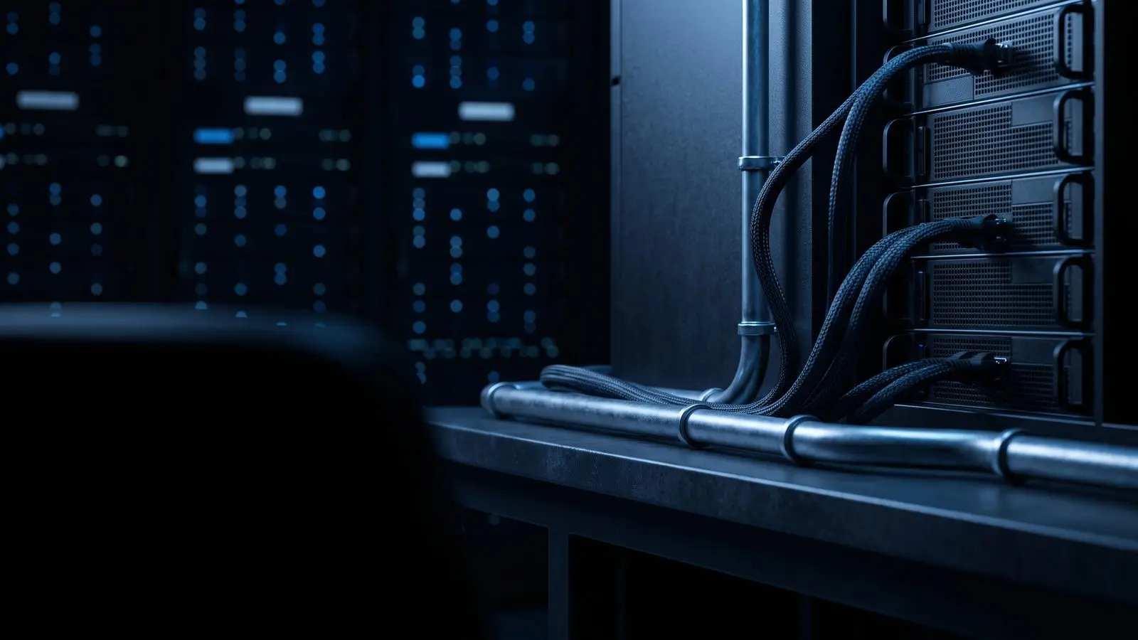 Blurred blue indicator lights receding down a dark server-room aisle.