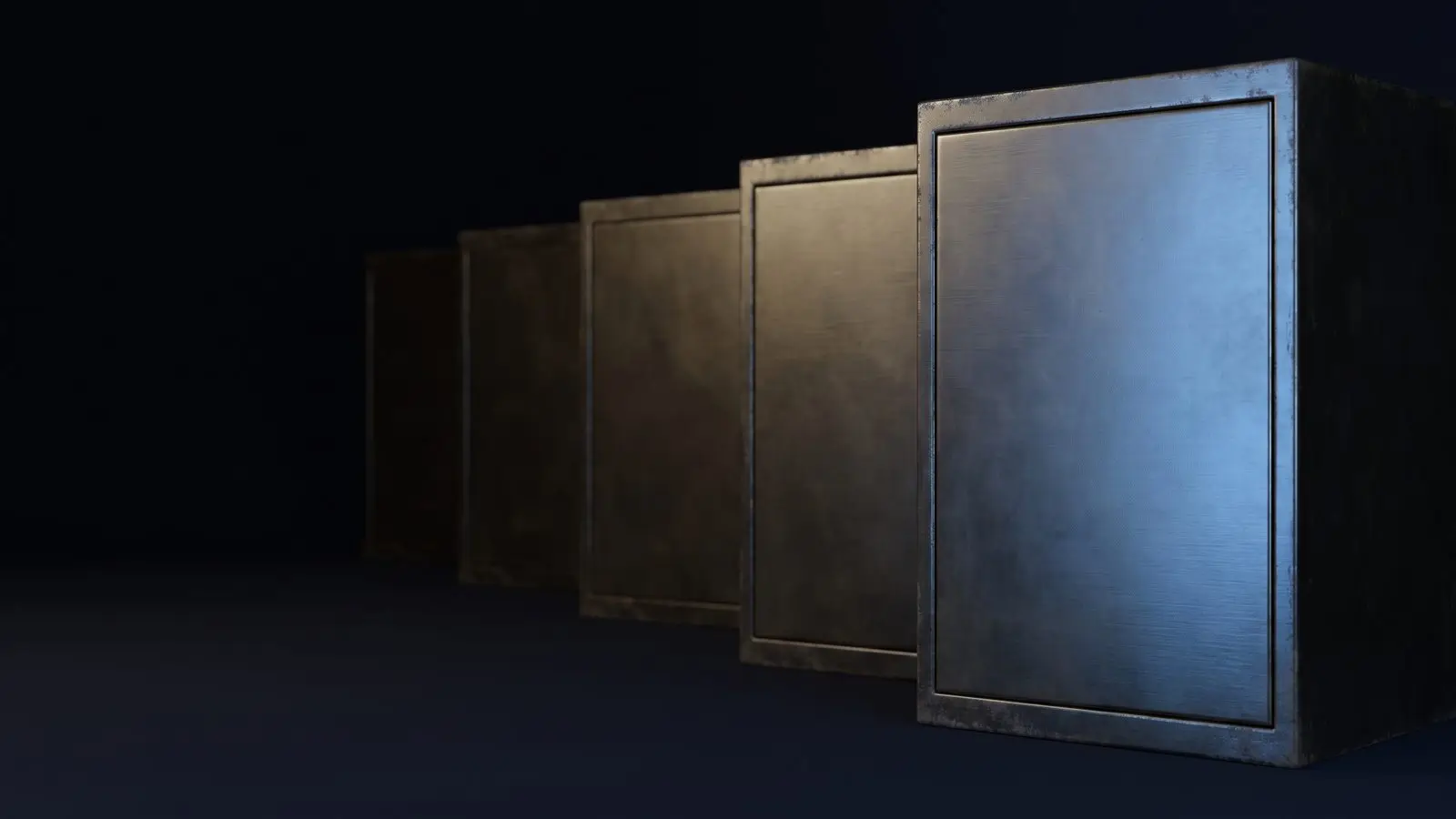 A row of plain brass lockers receding into darkness.