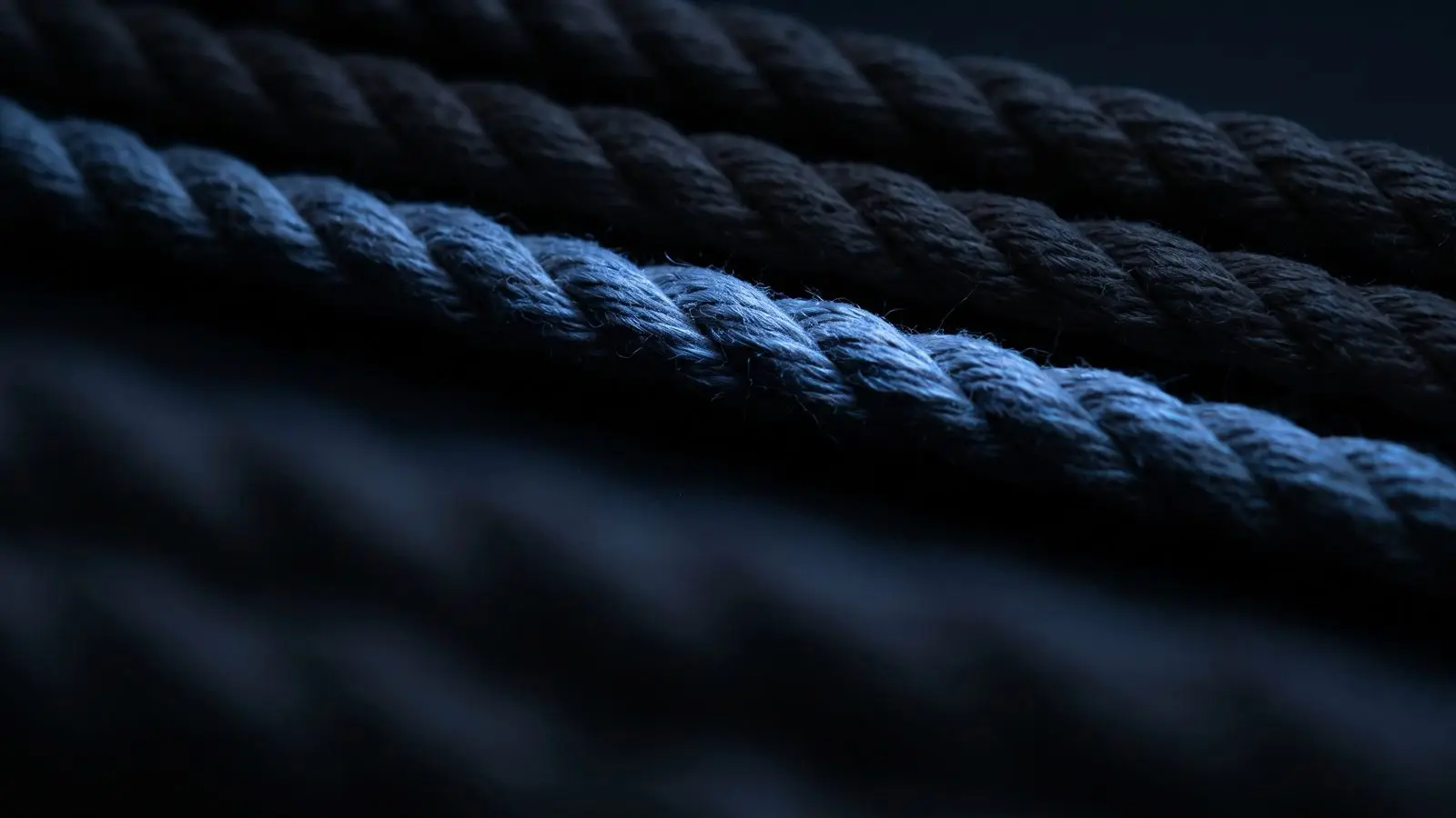 Parallel strands of dark rope, one catching blue light.