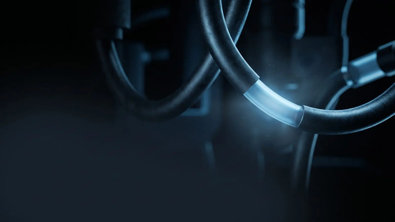 Curving dark tubes, one lit from inside in blue.