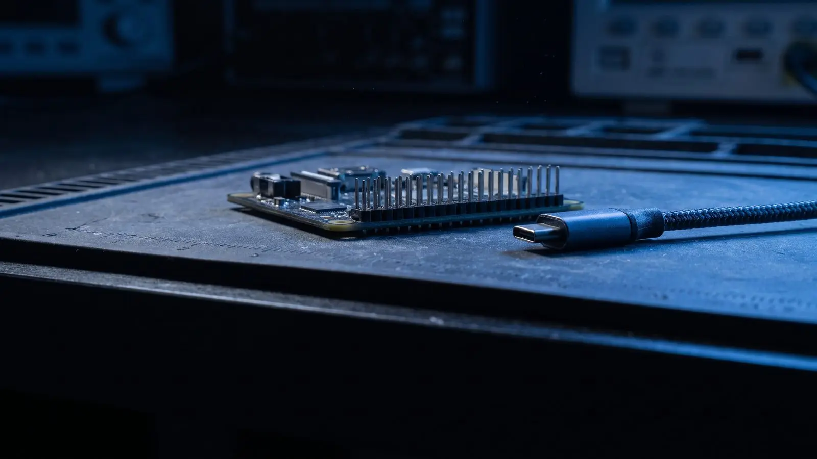 Close-up of a single-board computer's pin header and a USB-C cable on a dark workbench.